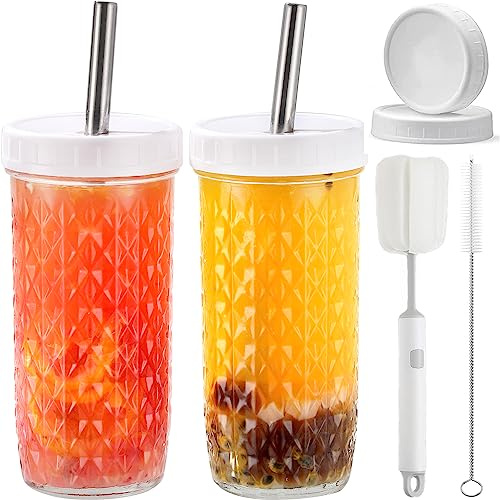 CJWLKJ Boba Cup, taza de té de burbujas reutilizable, 2 vasos Mason Jar con tapas y popotes y 2 tapas herméticas, vaso de café helado de boca ancha con textura de diamante de 24 onzas, vasos de vidrio