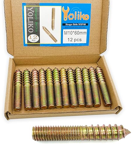 Yoliko 12 Pack M10 x 60 Hanger Bolts - 60mm(2.36) Double Headed Bolts - 10mm(0.39) Wood Dowel Screw Hanger Bolts for Furniture