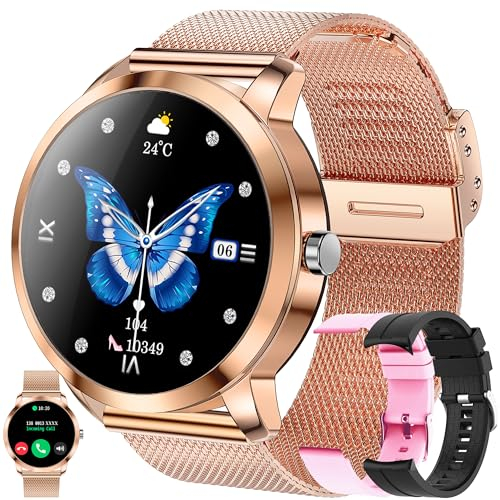 Smartwatch Damen mit Telefonfunktion, 1,09” Fitnessuhr mit 123 Sportmodi, Pulsmesser, Schlafmonitor, SpO2, Schrittzähler, Fitness Tracker kompatibel mit Android/IOS, 3 Armband, Geschenk Damen (Gold)