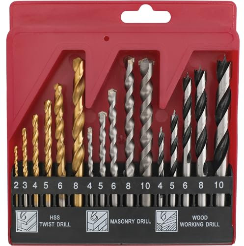 Hi-Spec 16pc Compact Multi Steel Drill Bit Box Case Set. HSS Titanium Coated, Brad Points & Masonry Mixed Drill Bits for Metal, Wood, Plastics & Brick