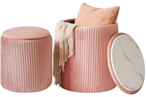 IBUYKE Set of 2 Round Ottoman with Storage, Velvet Vanity Stool for Makeup, Modern Padded Seat Coffee Table, Multipurpose Footrest Stool for Living Room & Bedroom, Pink WBD005P