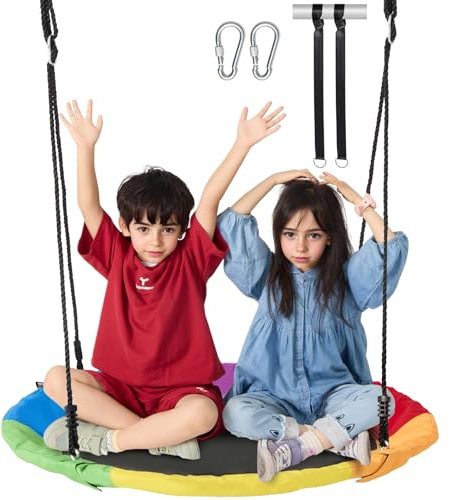 VEVOR Tree Swing, 40 Inch Saucer Swing, 750lbs Weight Capacity, 900D Oxford Fabric Swing Seat with 2 Tree Hanging Straps and Adjustable Multi-Strand Ropes, Round Swing for Kids Outdoor, Multicolor