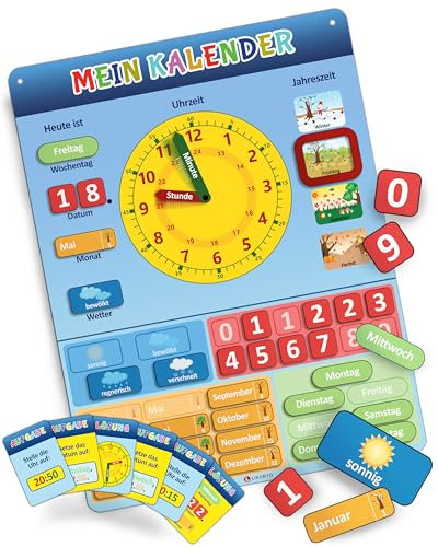 LIKARTO® Lernuhr für Kinder - Kinderkalender - Montessori Magnettafel inkl. 36 Magnete & 20 Übungskarten - Wochentage lernen Kinder - Uhrzeit lernen - Kalender lernen