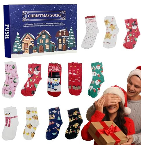 24 Days Of Christmas Socks Adventskalender, Weihnachtssocken-Adventskalender 2024, Countdown-Kalender, Unisex, lustig, bunt, flauschig, warme Socken, Überraschung, Weihnachtsgeschenke, warme