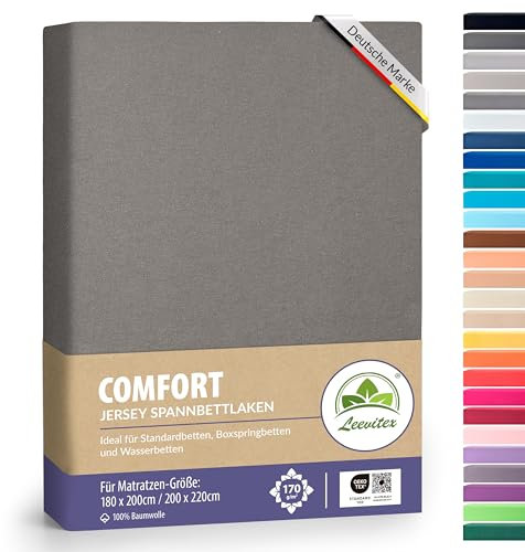 leevitex® Premium Spannbettlaken 180x200–200x220 cm | 40 cm Steghöhe – für Standard-, Boxspring- & Wasserbetten | 100% Mako-Jersey-Baumwolle | ÖKO-TEX Zertifiziert | 170 g/m² | Graphit/Grau