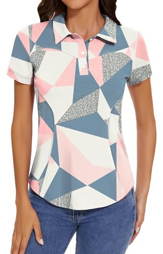 IECCP Women's Golf Polo Shirts Short Sleeve Collared Lightweight Moisture Wicking T-Shirt Summer Workout Casual Tennis Tops with 3-Button 2025 (Pink Floral,XXL)