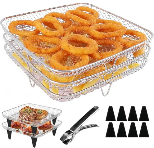 LEKEFETO 3-Layer Stackable Air Fryer Shelf: 21x21x9cm, Stainless Steel, Square Tray, 4 Silicone Feet, Tweezers, Oven Accessories, Air Fryer & Oven Compatible