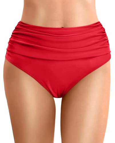 Générique Femme Bas de Maillot Taille Haute Vintage Short de Bikini Culotte Gainante Ventre Plat Maillots de Bain Couleur Unie Bas de Maillots Été Short Bikini de Plage (01 Rouge, M)