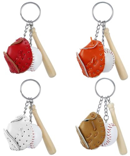 Laroal 4-pack baseballnyckelringar Sportnyckelringar Mini basebollträ Nyckelringar för nycklar Bilar Handväskor (röd/vit/orange/kaki)