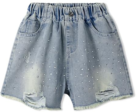 Rolanko Shorts en Jean pour Filles Taille Élastiquée Été Déchirés Jeans Courts avec Poches pour Enfants, Trou déchiré, Taille: 11-12 Ans, 160