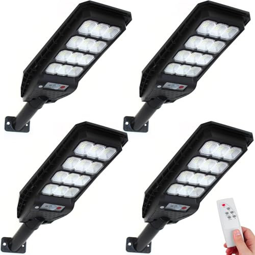 081 Store - 4 PEZZI lampione solare con 144 LED esterno 200W, con palo e telecomando, sensore di movimento e crepuscolare luce bianoc freddo 6500k