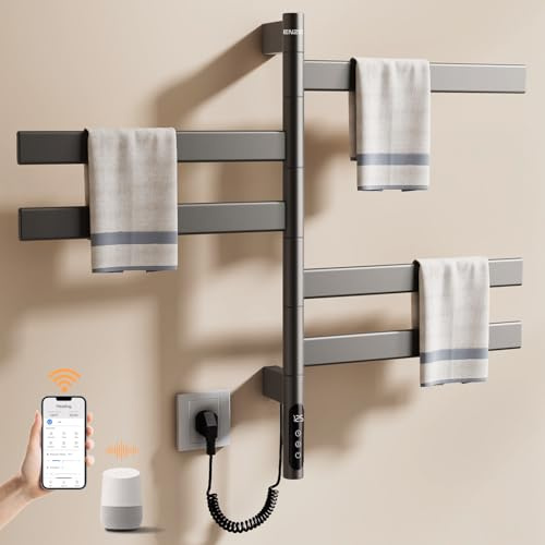 ENZE Smart Rotating Heated Towel Rack for Bathroom, 5-Bar Wall-Mounted Electric Towel Warmer with Swivel Bars, Wi-Fi App Control, 24H Timer, Stainless Steel, IPX5, Hardwired/Plug-in, Gray