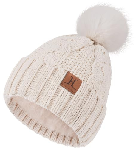 ZASFOU Gorro de invierno para mujer, gorro de punto con pompones, gorros holgados con forro polar de chenilla, para clima frío, regalos para mujer, Blanco crema., Talla única