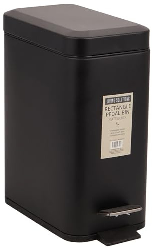 wilko Living Solutions 5L Black Rectangle Pedal Bin – Compact Waste Bin with Hands-Free Lid for Bathroom, Bedroom, or Office