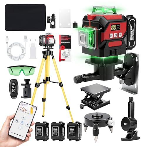 Risegun Nivel Laser Autonivelante 360 Grados, 4D 16 Líneas Nivel Laser Verde con Trípode, Digital Niveles LáSer con 3600 mAh x 3 baterías Recargables para Interiores, Obras