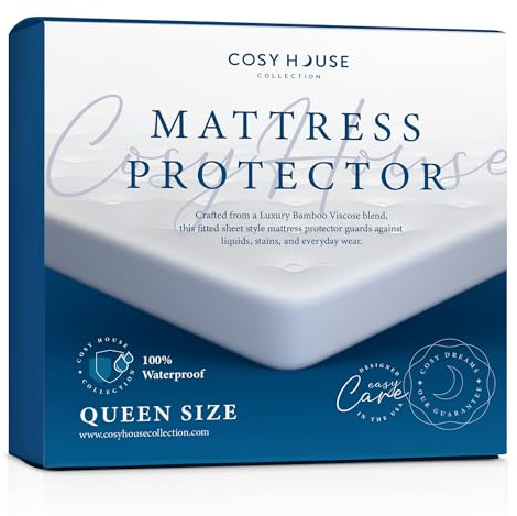 Cosy House Collection Luxury Mattress Protector - Blend of Rayon Derived from Bamboo - Master Bedroom Essentials - Ultra Soft Comfort, Stays Cool & Quiet - Premium Fitted Sheet Style (Queen) White