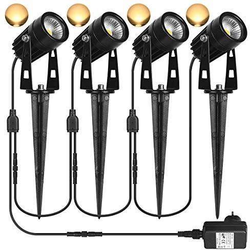 SanGlory 4 Pezzi Faretti da Giardino 3W Bianco Caldo 3000K 12V, 4 * 3W Luci da Giardino Faretti LED Esterno con Spina e Adattatore, Fari da Esterno con Picchetto IP65 1440LM (4 in 1 Faretti)