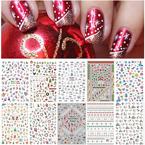 Kalolary 10 Feuilles Nail Art Stickers Autocollants, Noël Sticker Ongle Auto-adhésif, Décalque de Transfert Pour Femmes Filles Enfants, Manucure Tip Décoration