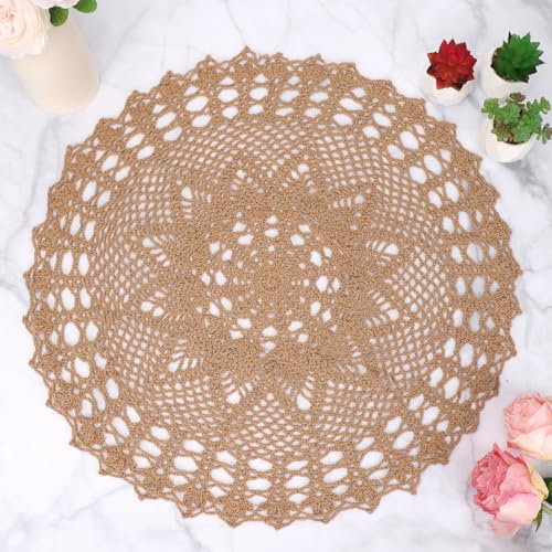 kilofly Handmade Crochet Cotton Lace Table Sofa Doily, Waterlily, Brown, 22 inch