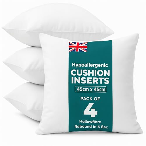 C Stores Cushion Inserts 45cm x 45cm (Pack of 4) for Indoor/Outdoor Sofas and Beds, Square Cushion Pads Fillers, Cushion Inners, Anti-Allergy Cushion Supportive Bounce Back Comfort, 18 x 18 Inch