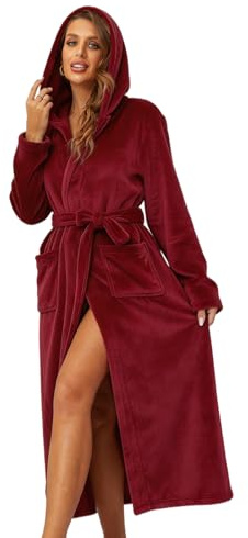 RONGTAI Womens Robes Plush Fleece Burgundy Hooded Bathrobe Thick Nightgown with Pockets Fluffy Sleepwear Small