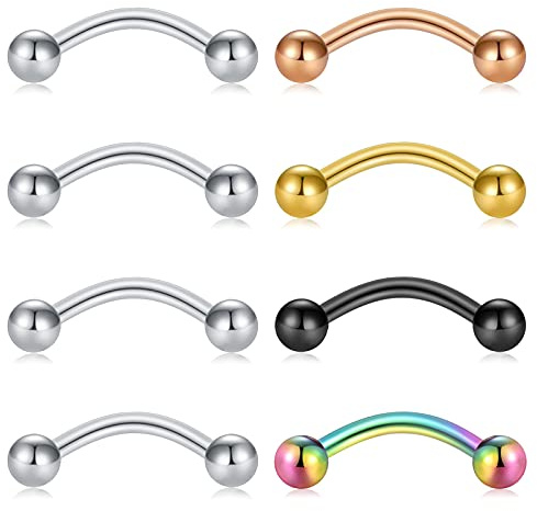 Funseedrr 8pcs Piercing Sopracciglio Labbro Lingua Ombelico Bananabells Acciaio Chirurgico 14G 16G Curved Barbells Rook Daith Piercing Orecchini