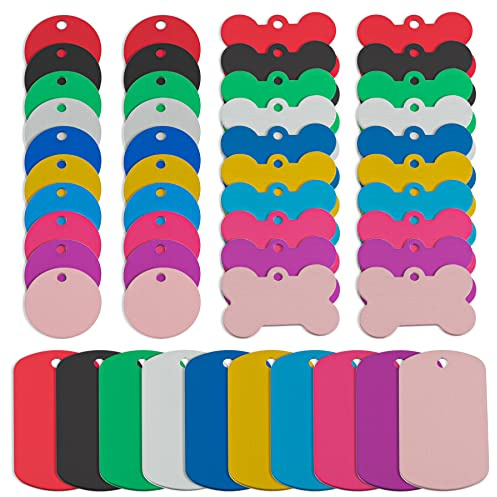 Framendino, 60 Pack Pet ID Tag Colorful Blank Double Sided Aluminum Charms for Dog Cat DIY Crafts Jewelry Making 10 Colors 3 Different Shapes