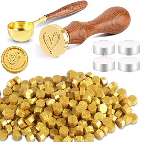 Foonii 200 Stück Siegelwachs Perlen Set Wachssiegel Stempel mit 1 Siegelstempel, 1 Schmelzlöffel, 4 Teelichte | Siegellack Perlen Set für Umschlag/Einladungen/Karten/Geschenk (Herz,Gold)