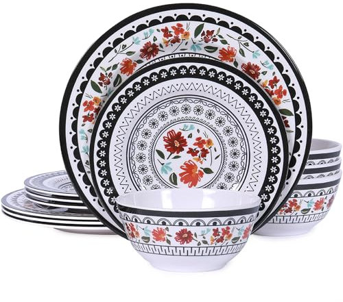 Gofunfun Juego de vajilla de melamina de 12 piezas, vajilla irrompible para uso en interiores y exteriores, apto para lavavajillas, servicio de cena ligero para 4, blanco y negro