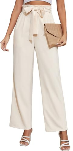 PASUDA Pantalon Femme Été Fluide Pantalons Taille Haute Taille Elastique Ceinture Pantacourt avec Poches Ample Longueur Pants Chic Décontractée Travail (Beige, M)
