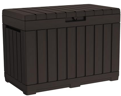 Keter Kentwood - Caja de resina de 50 galones, organización y almacenamiento para cojines de patio, almohadas y herramientas de jardín, color marrón