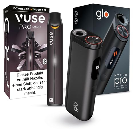 Vuse PRO Smart E-Zigaretten Starter-Set mit Zugautomatik, Vape mit Bluetooth Funktion,Cloud-Control Feature, Keine einweg ePod caps enthalten, Farbe: Schwarz und GLO Hyper Pro Tabakerhitzer, Elektrisc