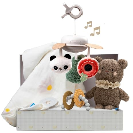 Taf Toys Luxury Newborn Gift Set. Baby Sensory Box. Cotton Bamboo Swaddle, Take Along Musical Mobile, Bear Soft Toy & Silicone Teether Ring. New Welcome Baby Gift, Newborn Baby Boy & Girl Gifts 0+