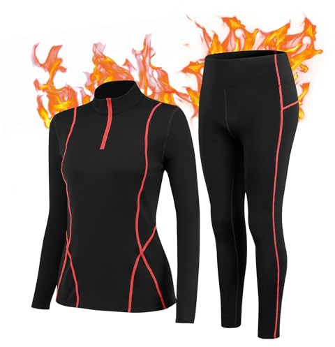 TERODACO Thermal Ski Base Layers Women Half Zip Warmth Thermal Underwear Set Womens UPF 50+ Quick Dry Thermal Tops and Fleece Lined Leggings for Running Hiking Cycling,Soft 02513 02324 Black Red M