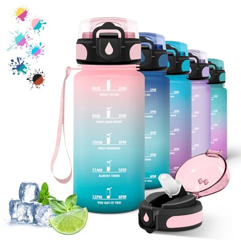 Grsta Gourde, 500ml Gourde Enfant, Bouteille avec Paille Anti-Fuite, Bouteille d'eau, Facile à Nettoyer, Bouteille Sport pour l'École, Bureau, Extérieur, Voyage, Rose-Cyan