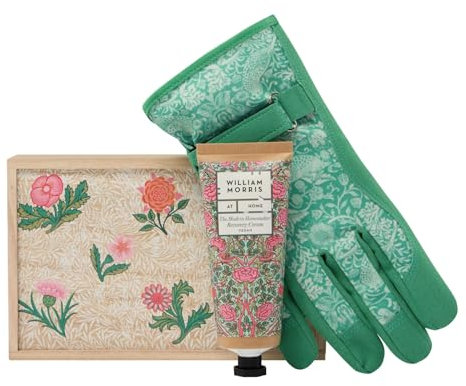 William Morris At Home Hand Recovery Cream 100ml and Gardening Gloves in a Wooden Box, Shea Butter, Fragranced Hand Care Moisturiser, Gift For Keen Gardener, Cruelty and Vegan Friendly