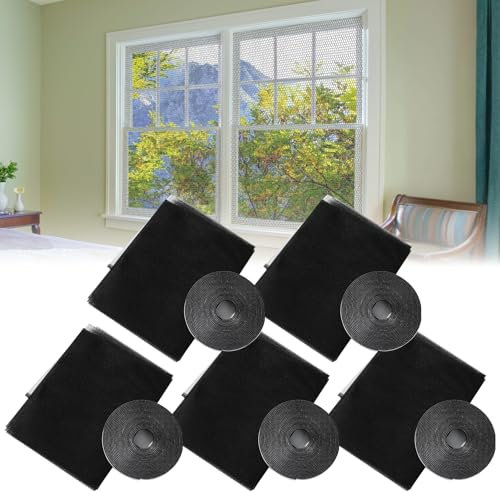 Mosquitera para ventana, 5 unidades, 130 x 150 cm, cortable, negra, protección contra insectos, autoadhesiva, para puerta de balcón, salón, tragaluz, profundidad del suelo