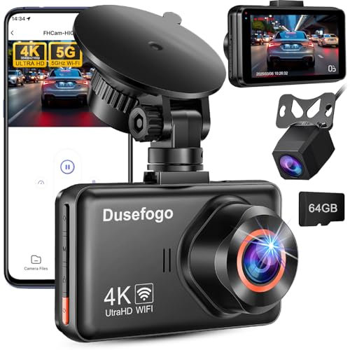 Dusefogo Dashcam Voiture Avant Arrière 4K + 2K WiFi avec App Dash Camera Voiture 3 Caméra Embarquée pour Voiture avec G-Capteur Vision Nocturne Enregistrement en Boucle avec Carte SD 64G