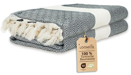 Loomvia | 2er Pack | Hamamtuch groß 100x180 aus 100% Baumwolle – Strandtuch, Saunatuch, Badetuch, Saunahandtuch | Saugstark & leicht | Saunatuch Damen & Herren für Strand, Sauna, Bad | Schwarz