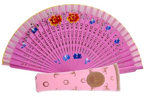 Planta Color Abanico de Madera con Flores Pintadas a Mano por las Dos Caras. Incluye una Funda para Proteger el Abanico. Imán de Regalo con Dibujo de Costumbres Españolas (Rosa)