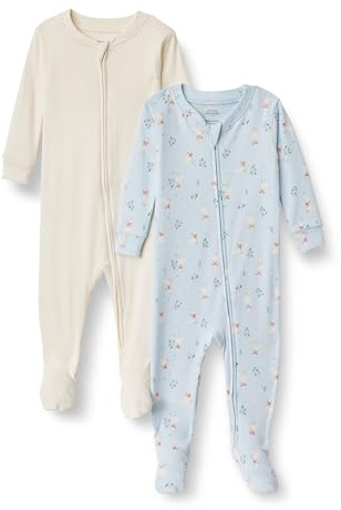 Amazon Essentials x Sofia Grainge Pijama Ceñido de Algodón con Pies Unisex Niño, Pack de 2, Azul Claro Gansos, 2 años