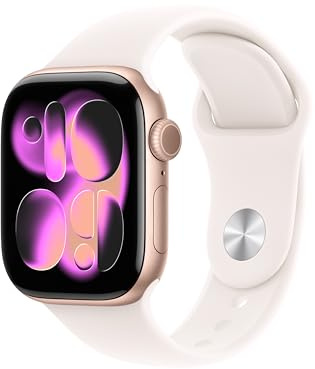 Apple Watch Series 11 GPS 42 mm med boett i Aluminium roséguld, och Sportband i rosé S/M. Sömnpoäng, träningsmätare, hälsoövervakning, skärm som alltid är på, vattentålig