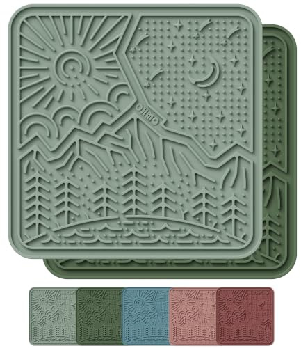 OHMO Tapis de Léchage Chien et Chat Grand 2 Pièces, Design Naturel Facile à Nettoyer avec Ventouses, Mange-Lent Anti-Stress et Anti-Ennui (Vert Olive & Vert Sauge)