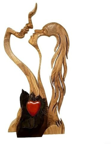 Moliuoly Handsnidad träfigur, kärlekspar med hjärtform – dekorativ staty av trä och plast för heminredning, alla hjärtans dag, bröllop eller presentidé
