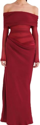 Sukiglam Robe Femme Sexy Maxi Robes Moulante à Manches Longues Élégante Épaule Dénudée Robe Longue en Maille Transparent Bodycon Plissé Robes de Soirée Cocktail Party Fête Club Nuit Bal Mariage