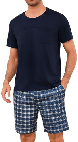 Leversic Sommar Pyjamaset Herr Bomull Badkläder Kortärmad Randig Pyjamas T-shirts och Shorts för att sova med fickor