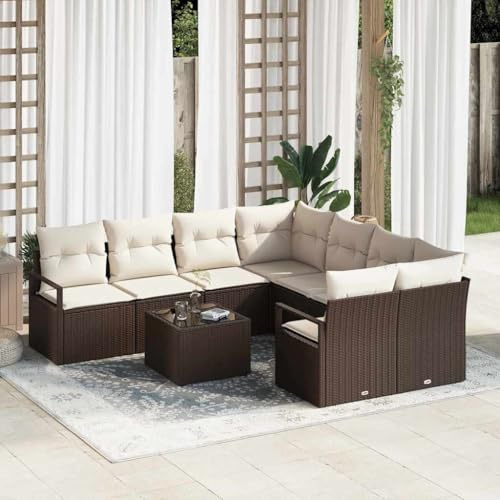 Frdhee Set di divani da giardino, 9 pezzi, marrone e crema, 55 x 55 x 37 cm, gruppo panca angolare per balcone, terrazza, cortile