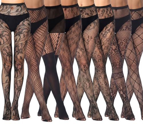 Xazuninsu 8 Pcs Fishnet Tights Womens, Black Lace Patterned Tights for Women Fashionable Comfortable Fit for Party Club Cosplay Daily