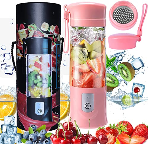 Mini Blender Rechargeable USB pour Smoothie, Milk-shake,Jus de fruits, Portable 350-420ml 6 Lames pour Sport et Voyage,Sans BPA,Noël Cadeau pour la Famille (Rose)