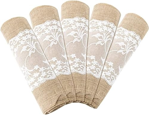 10 Stücke Tischläufer mit Spitze, Juteband Tischband Natur Hochzeit Deko Vintage Tischdeko Hochzeitsdeko Rustikal 30 cm breit 275cm Rolle
